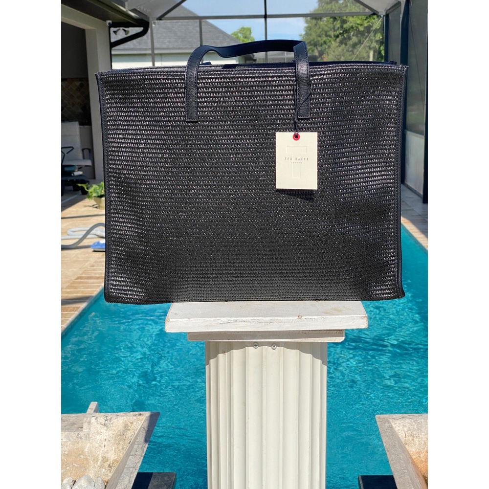 NEW Ted Baker London The Icon Tote Black Woven Straw Logo Shoulder Bag NEW - Picture 3 of 16